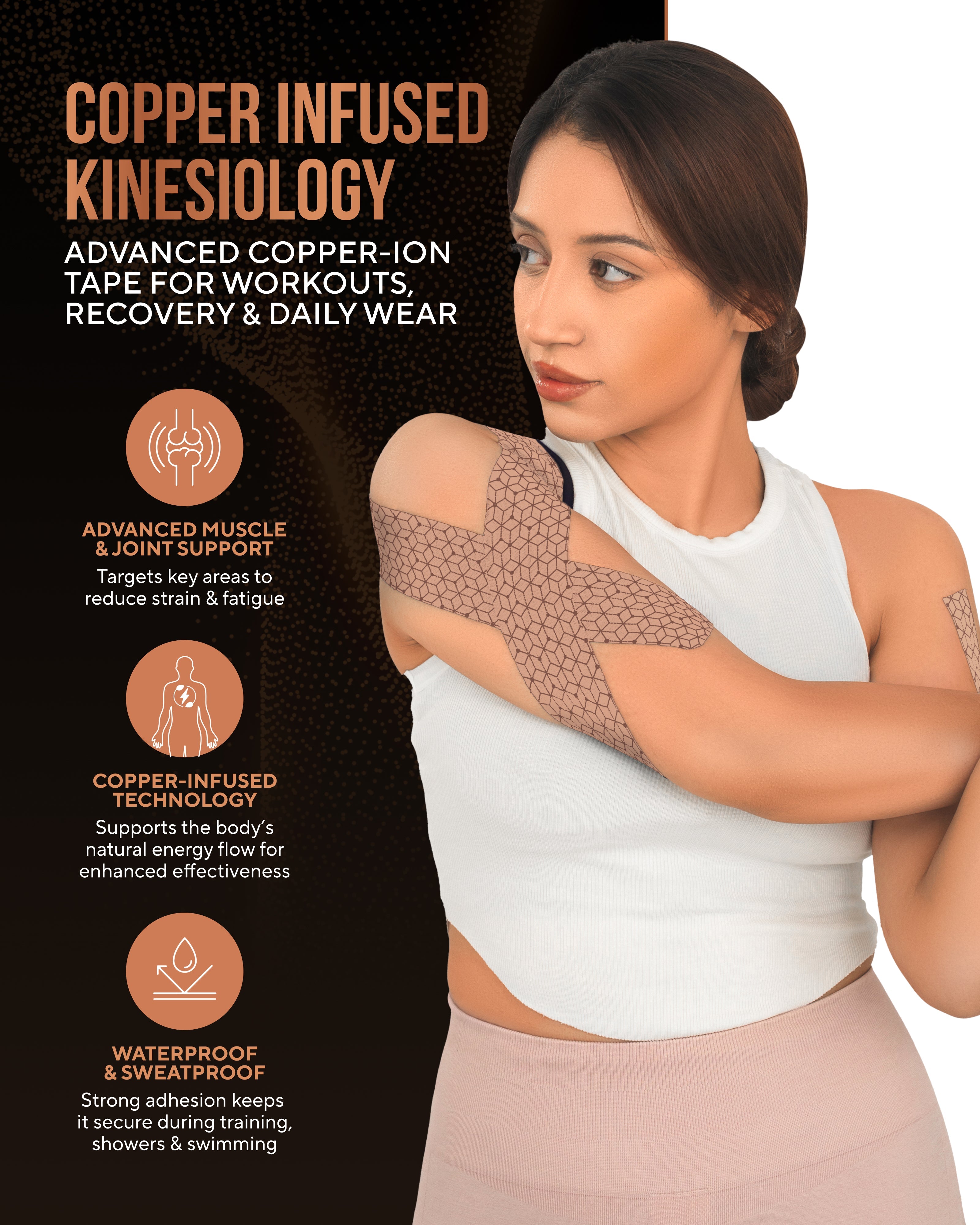 Copper Infused Kinesiology Tape (Tan) – 2 Rolls (40 Precut Strips)
