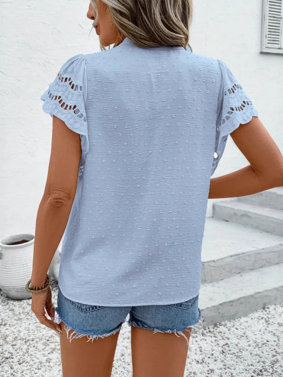Women Swiss Dot Cutout Button Down Shirt