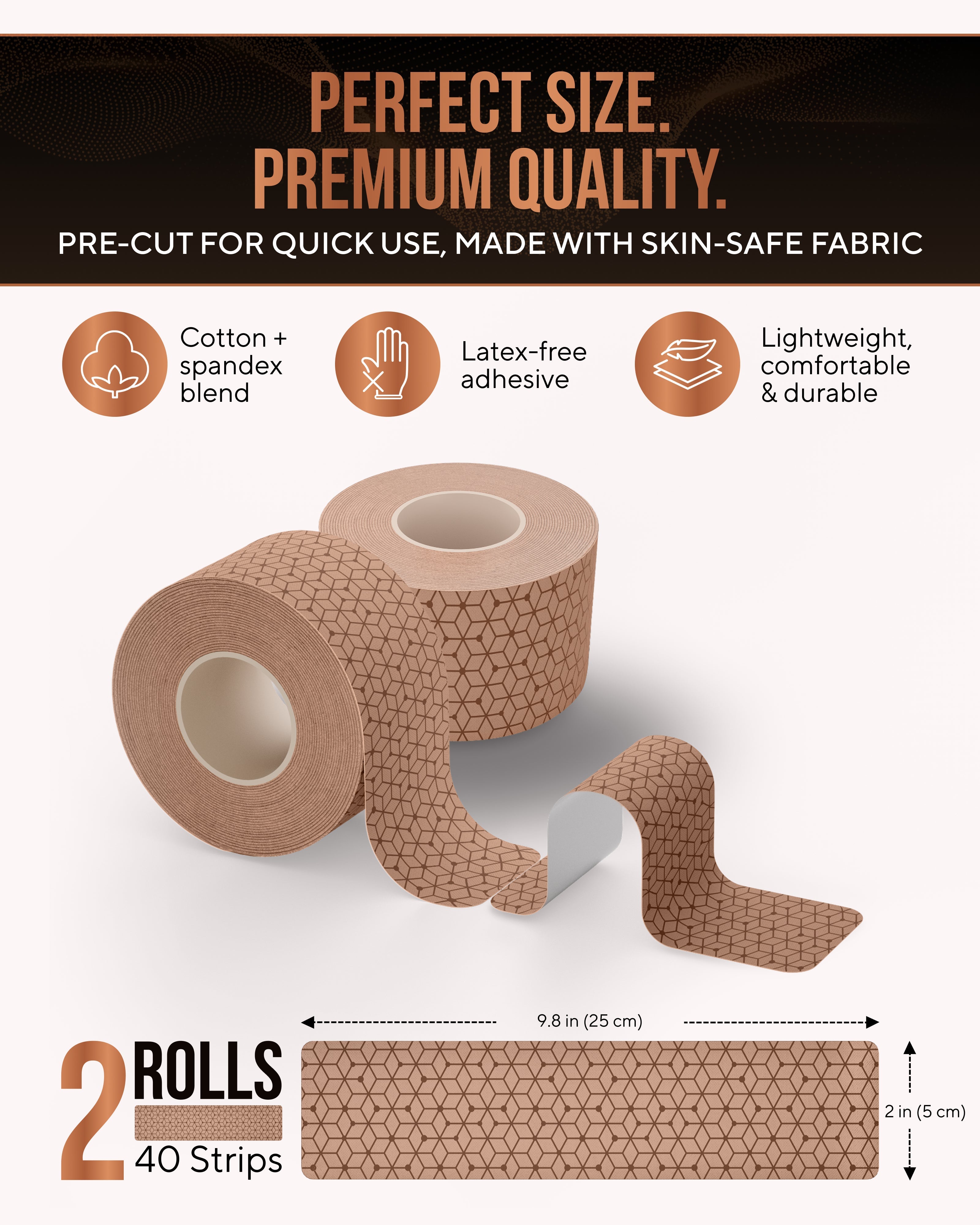Copper Infused Kinesiology Tape (Tan) – 2 Rolls (40 Precut Strips)