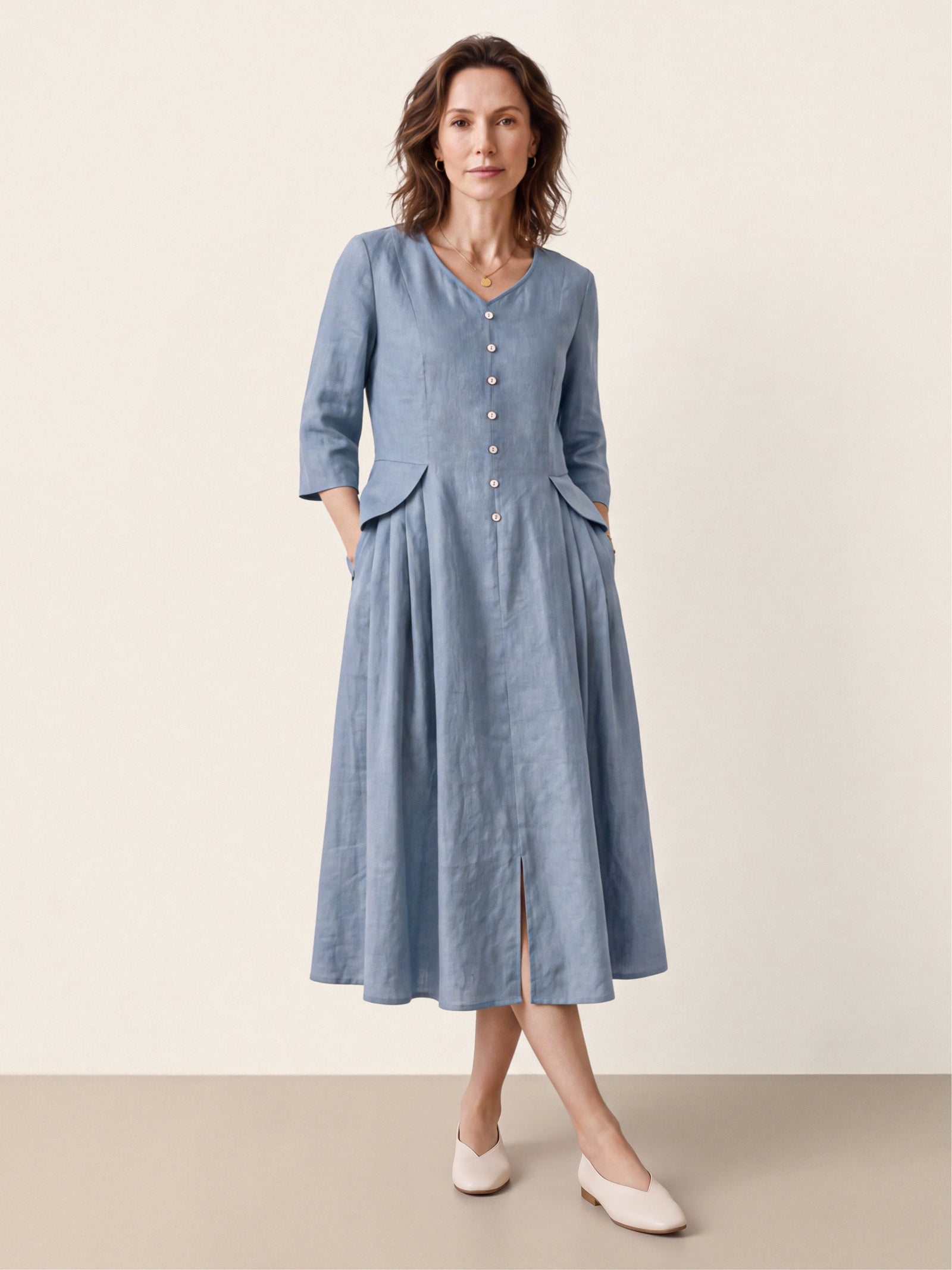 100% Linen Shell Button A-Line Midi Dress ELIORA
