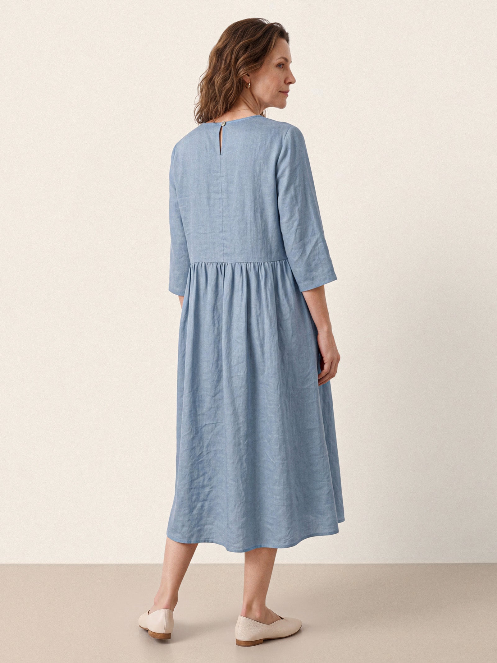 100% Linen Shell Button A-Line Midi Dress ELIORA