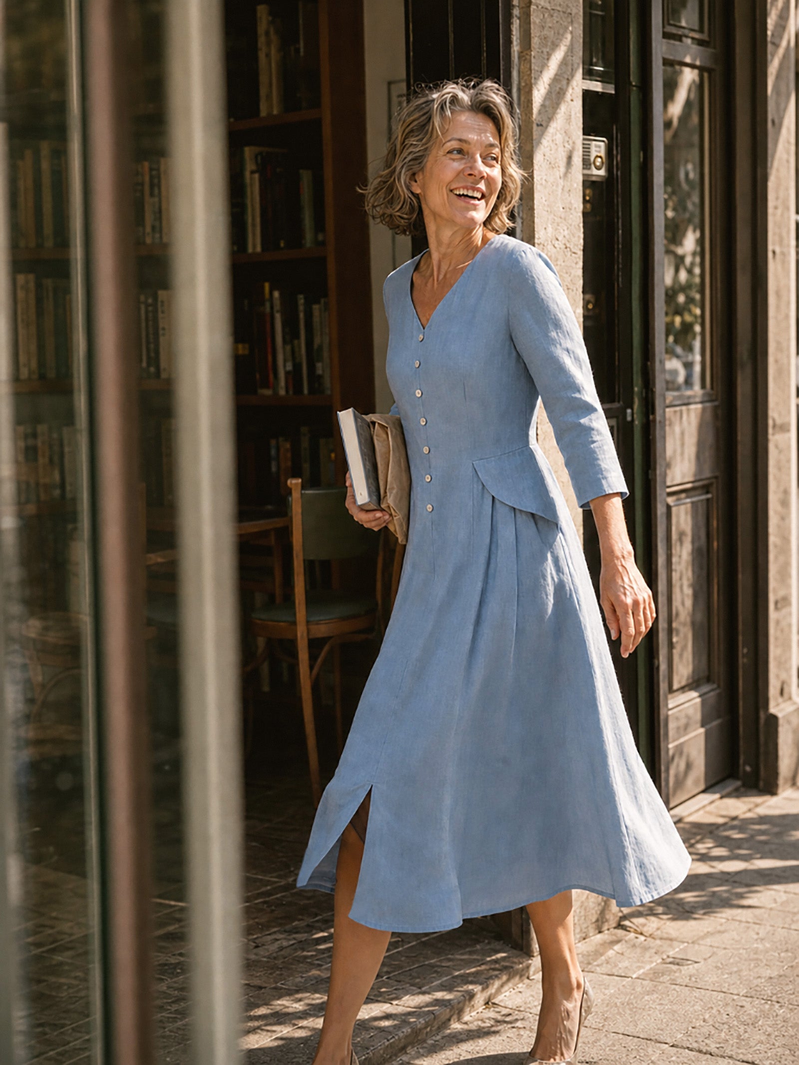 100% Linen Shell Button A-Line Midi Dress ELIORA