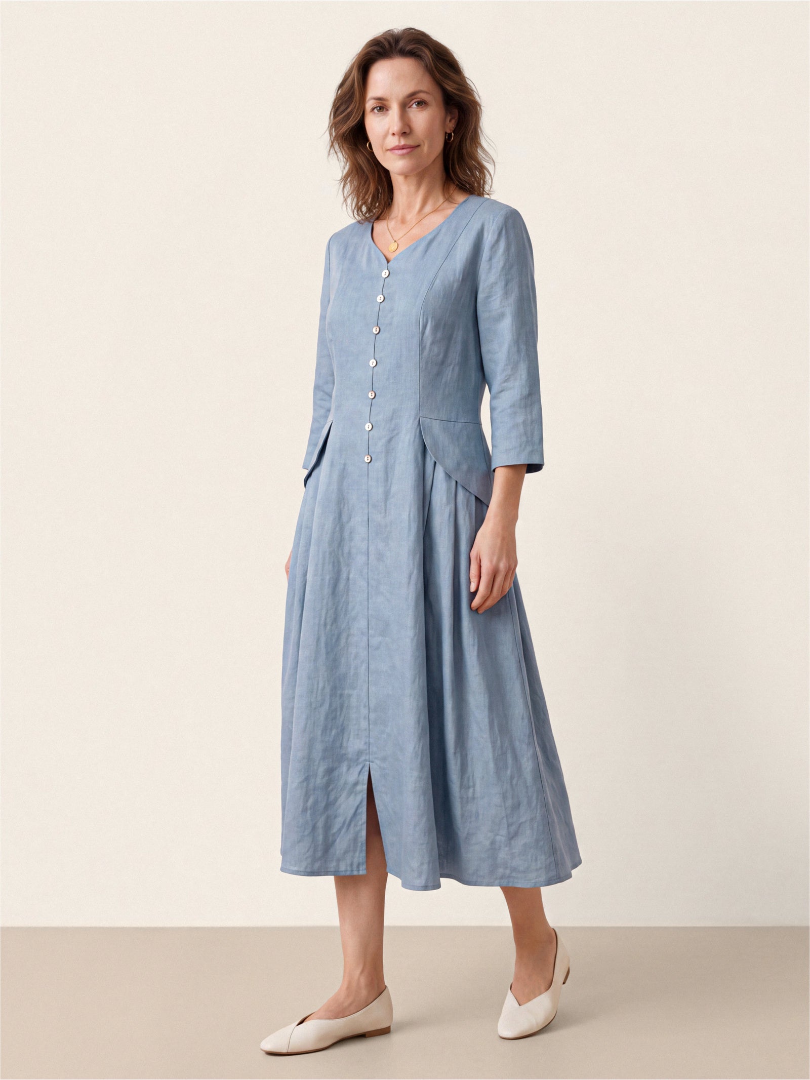 100% Linen Shell Button A-Line Midi Dress ELIORA