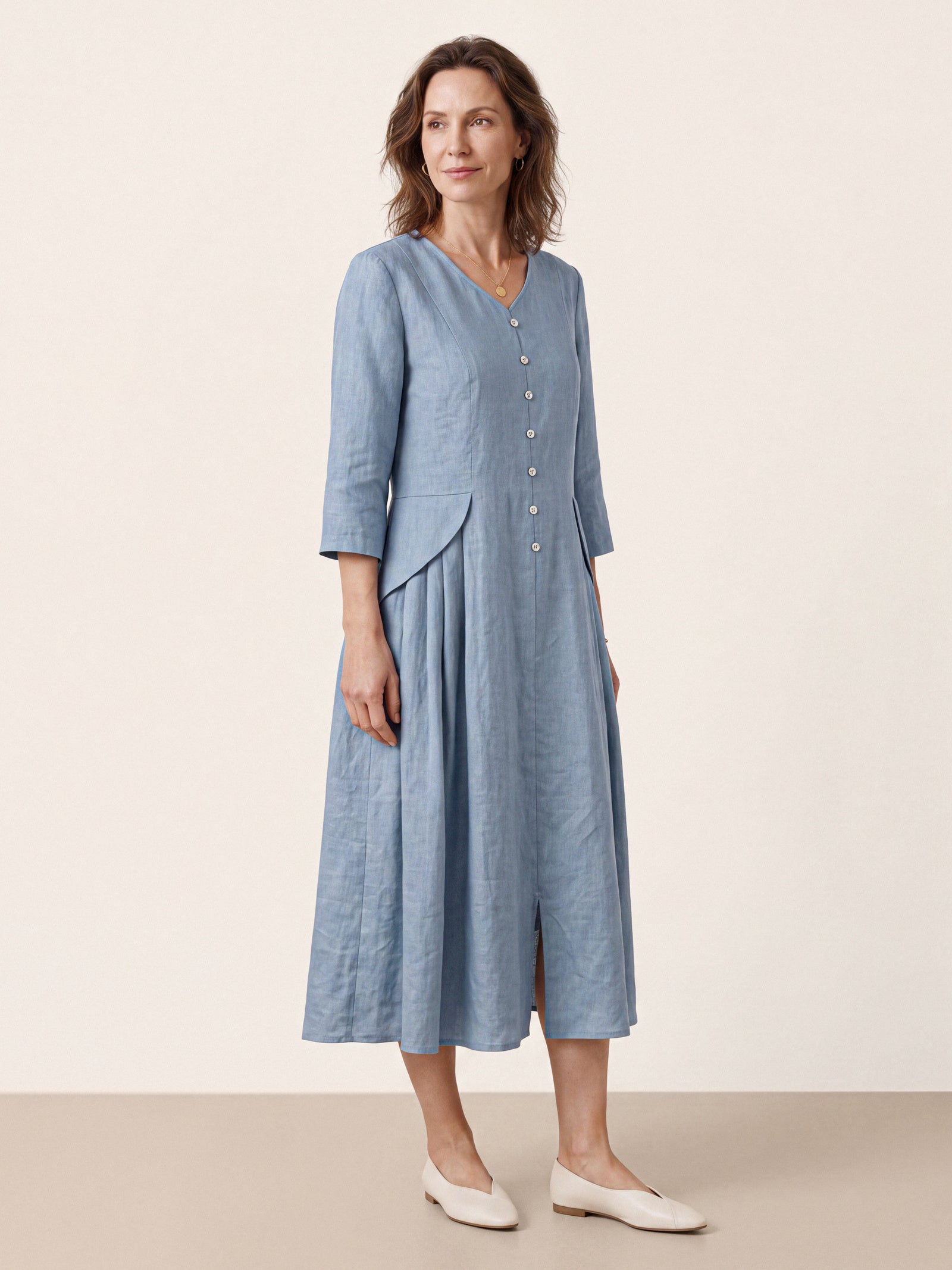100% Linen Shell Button A-Line Midi Dress ELIORA