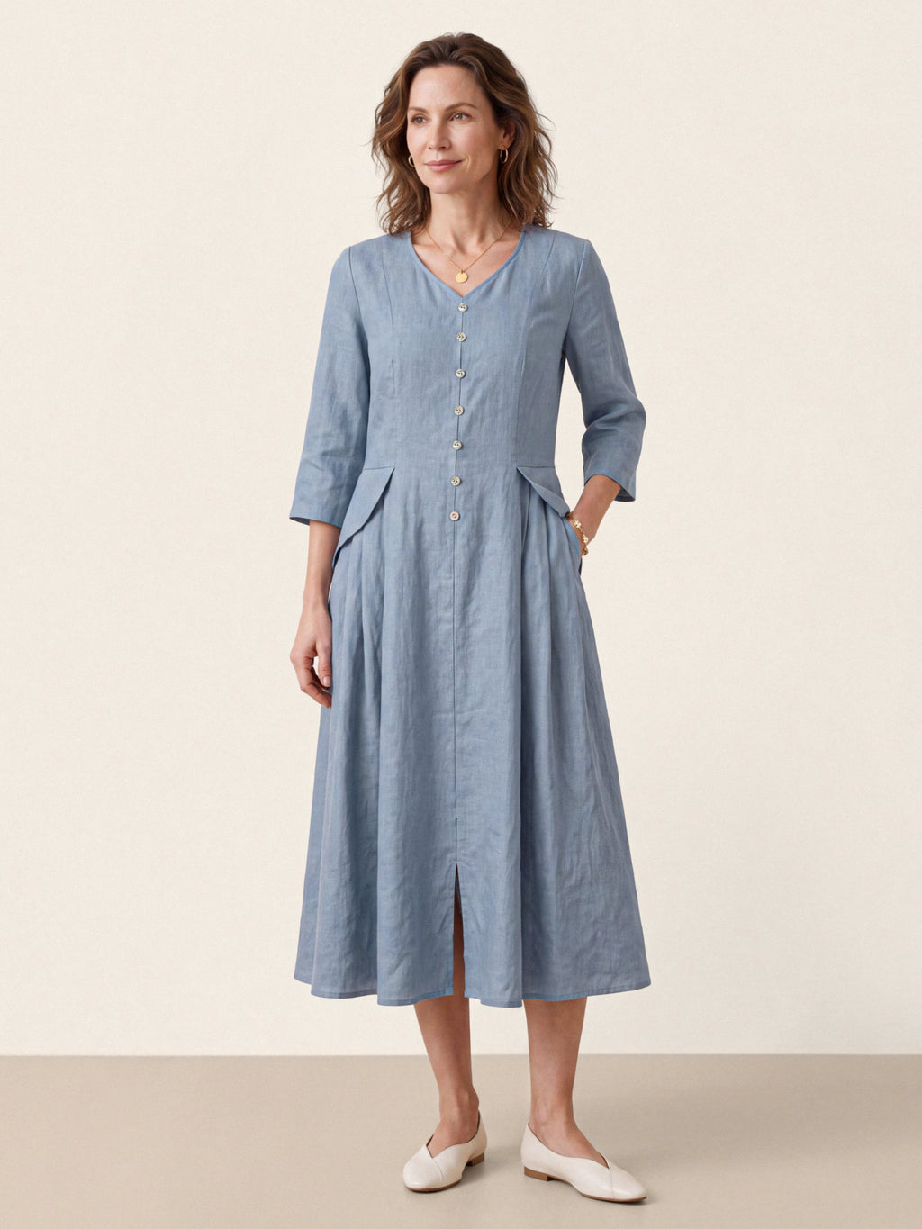 100% Linen Shell Button A-Line Midi Dress ELIORA