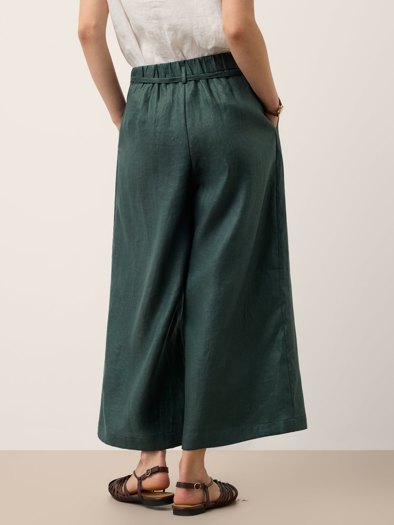 100% Linen Side Tie Elasticated Waist Wide Leg Cropped Pants CAMILLA