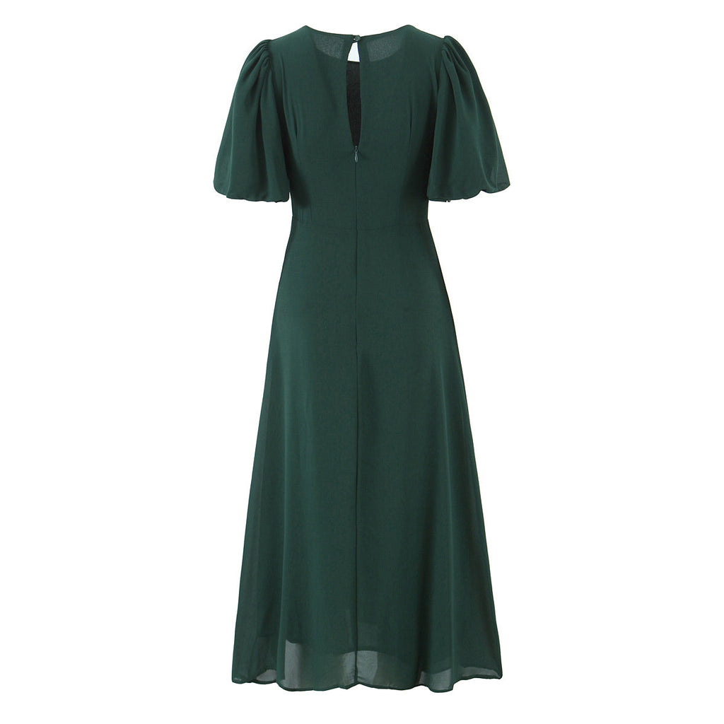 Summer French Vintage Small Floral Print Puff Sleeve Slim Fit Slimming round Neck Dress