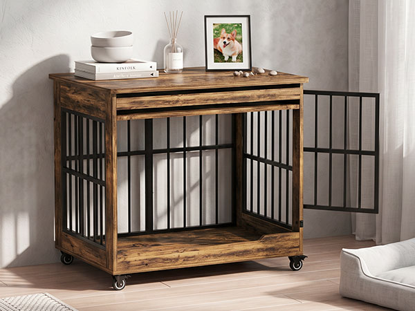 32in  Dog Crate Furniture, Double Door Wooden Indoor Dog Kennel Furniture, Decorative Pet Cage End Table With Wheels For Medium And Small Breed Dogs, Size M, Greige
