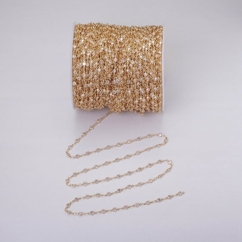 16K Gold Filled Round Diamond Bezel Cut Chain by Yard, Station CZ Chain by Yard for Necklace Bracelet Jewelry Making | ROLL-1337 ROLL-1338
