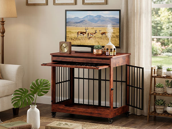 32in  Dog Crate Furniture, Double Door Wooden Indoor Dog Kennel Furniture, Decorative Pet Cage End Table With Wheels For Medium And Small Breed Dogs, Size M, Greige