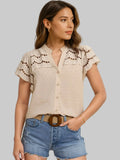 Women Swiss Dot Cutout Button Down Shirt