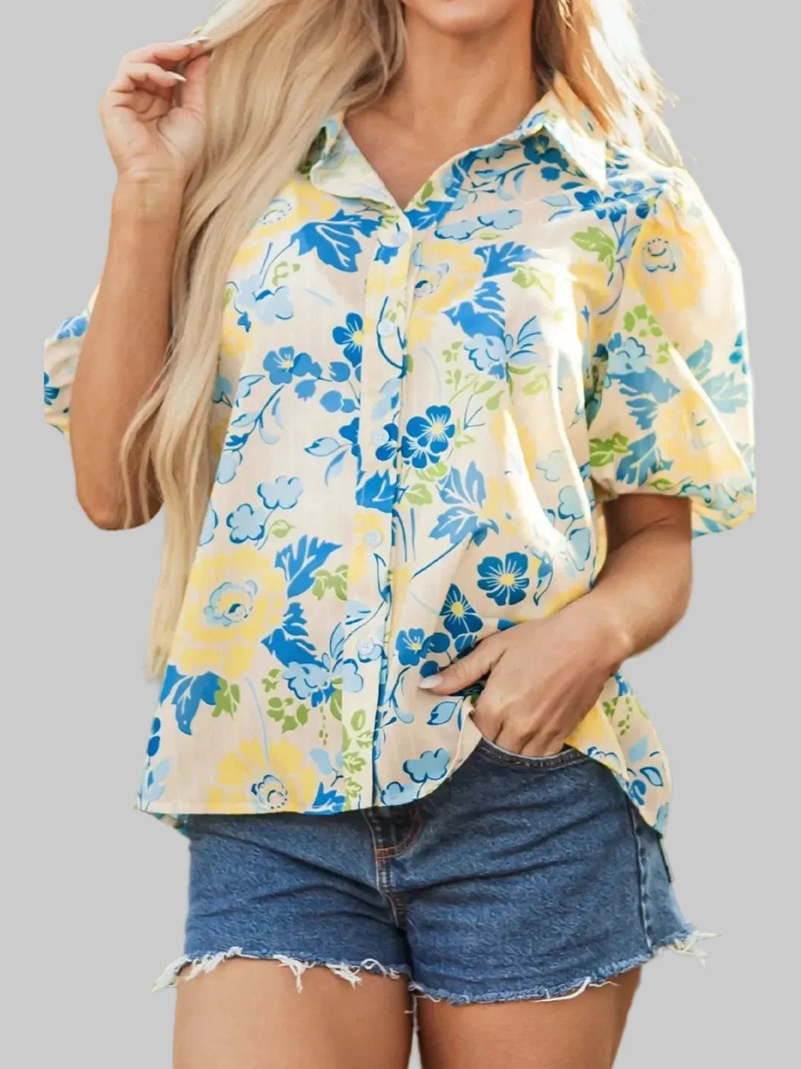 Women Printed Puff Sleeve Button Down Summer Shirt