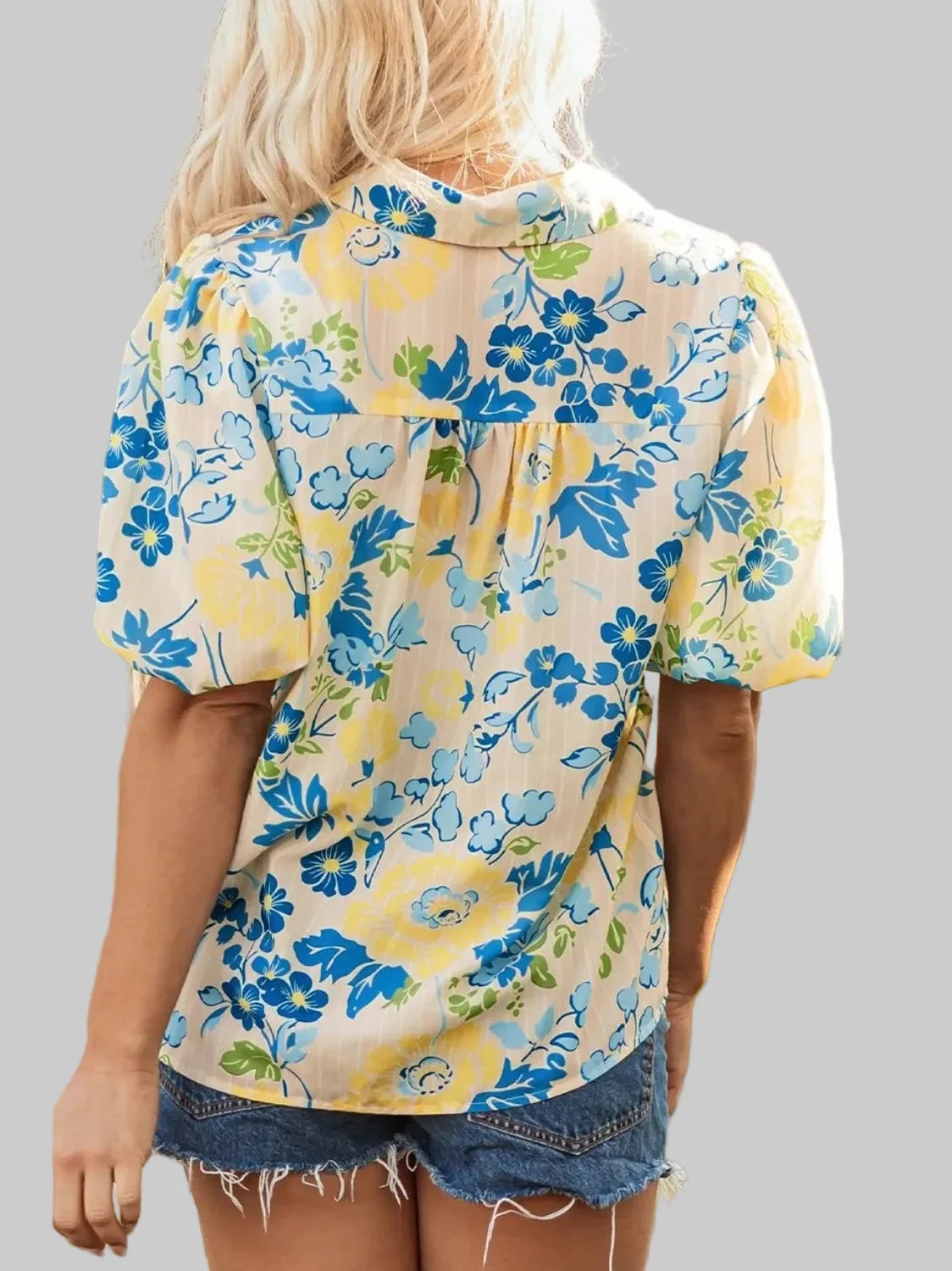 Women Printed Puff Sleeve Button Down Summer Shirt