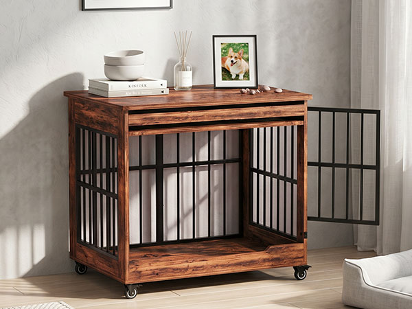 32in  Dog Crate Furniture, Double Door Wooden Indoor Dog Kennel Furniture, Decorative Pet Cage End Table With Wheels For Medium And Small Breed Dogs, Size M, Greige