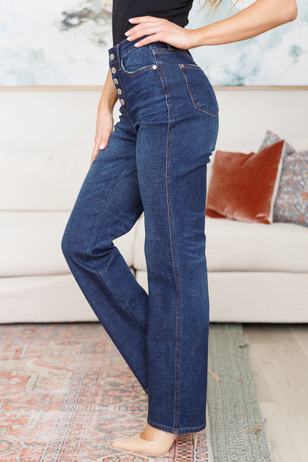 Judy Blue High Rise Button-Fly Straight Jeans in Dark Wash