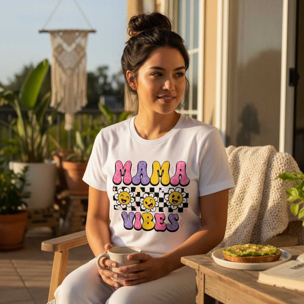 Trendy Checkerboard Mama Vibes Shirt 100% Cotton Short Sleeve Casual Aesthetic Apparel