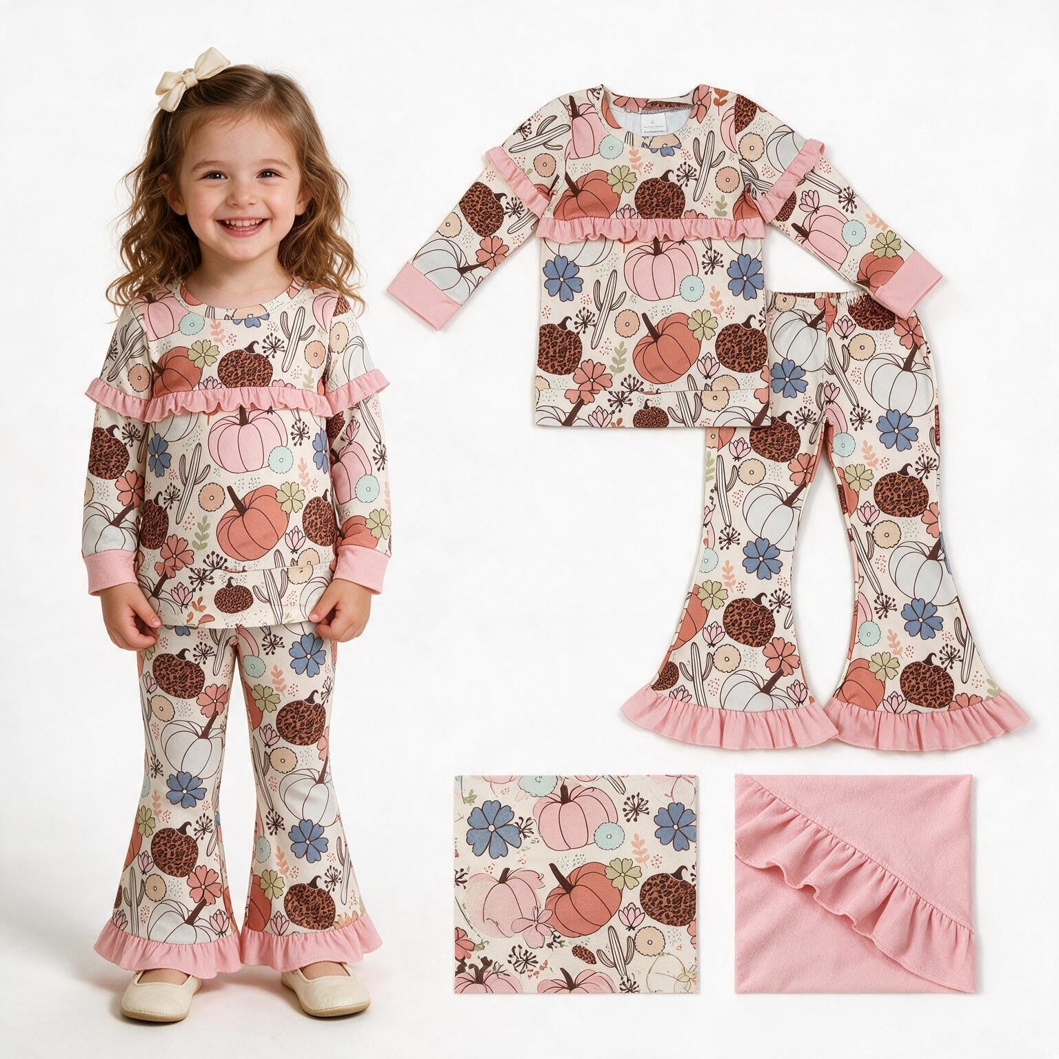 Ruffle pumpkin cactus top pants girls fall outfits