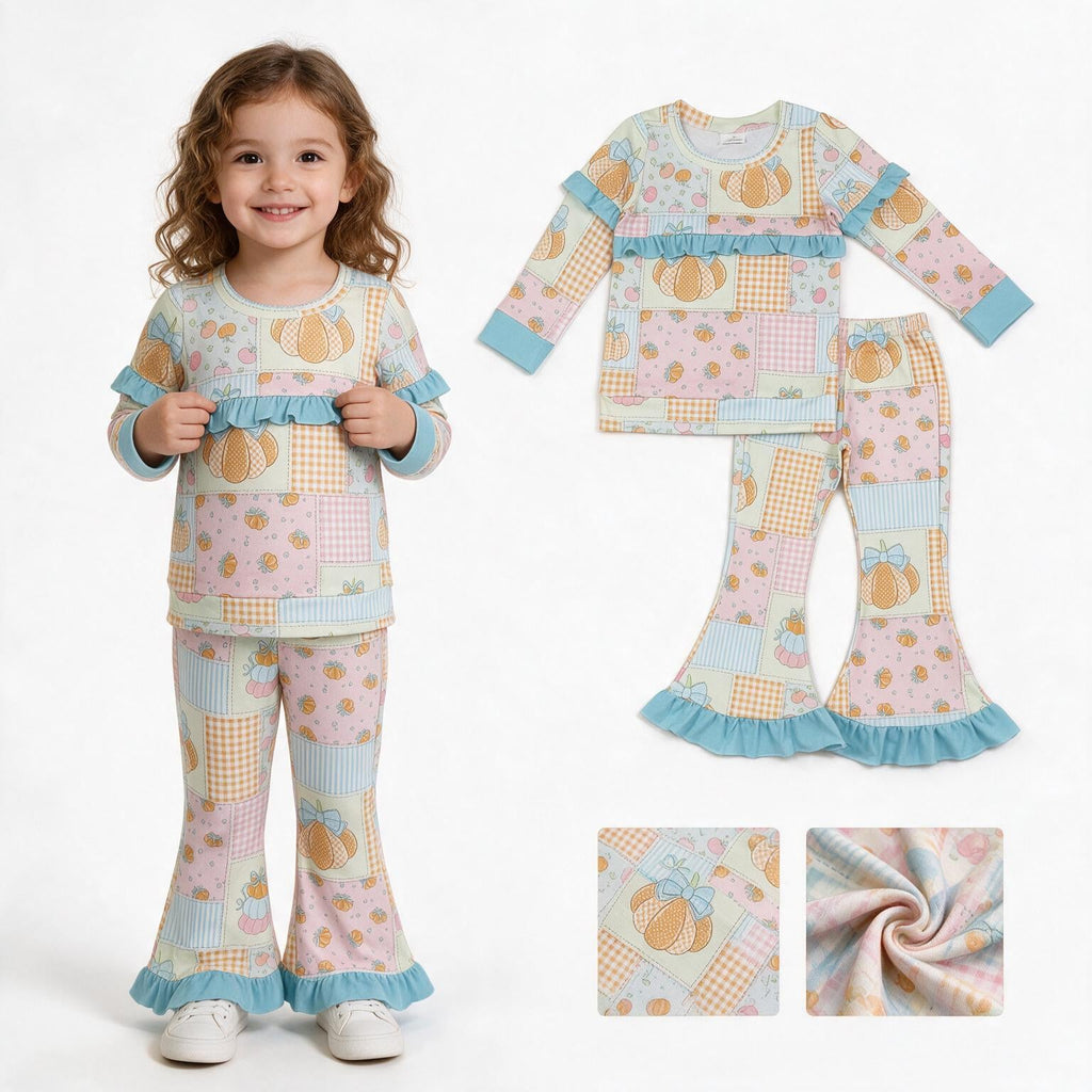 Ruffle pumpkin bow paid top pants girls fall outfits