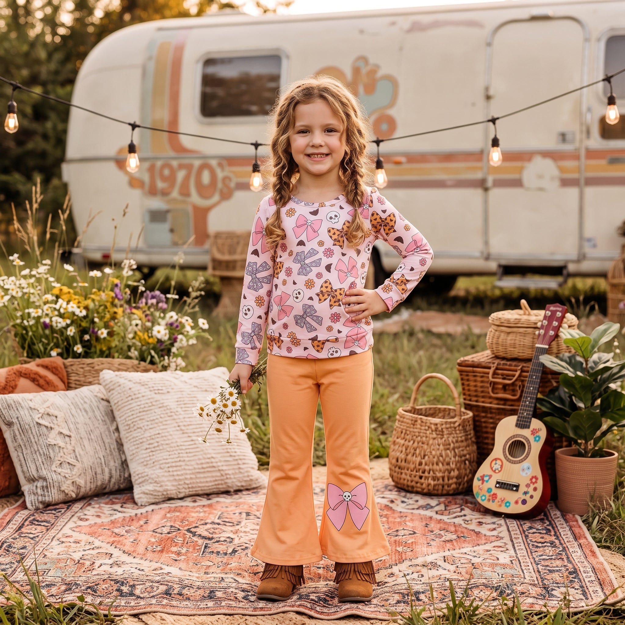 Bow skull top pants kids girls Halloween outfits