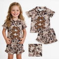 Short sleeves khaki bow camo girls button down pajamas set