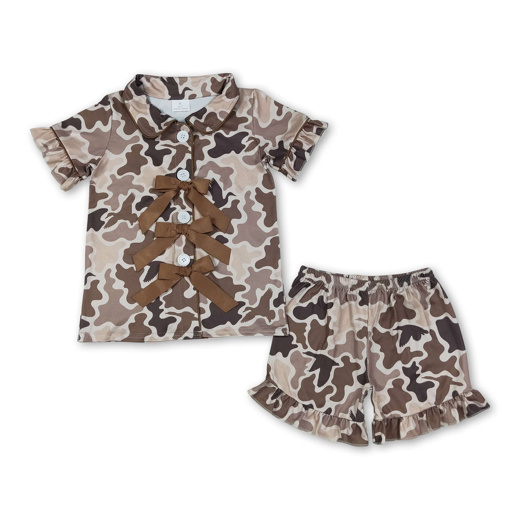 Short sleeves khaki bow camo girls button down pajamas set