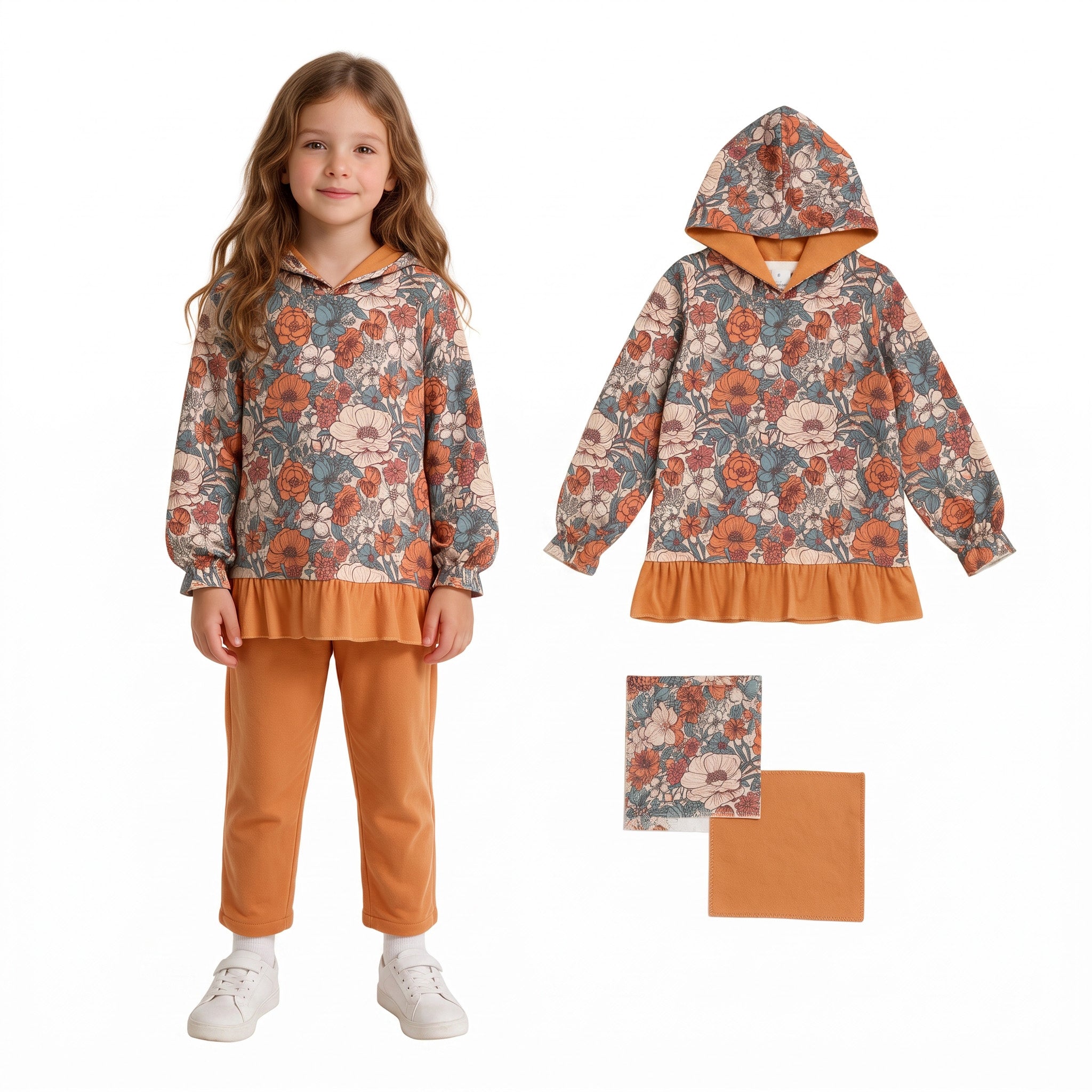 Long sleeves orange ruffle floral girls fall hoodie