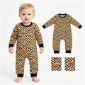 Long sleeves black plaid pumpkin boy Halloween romper