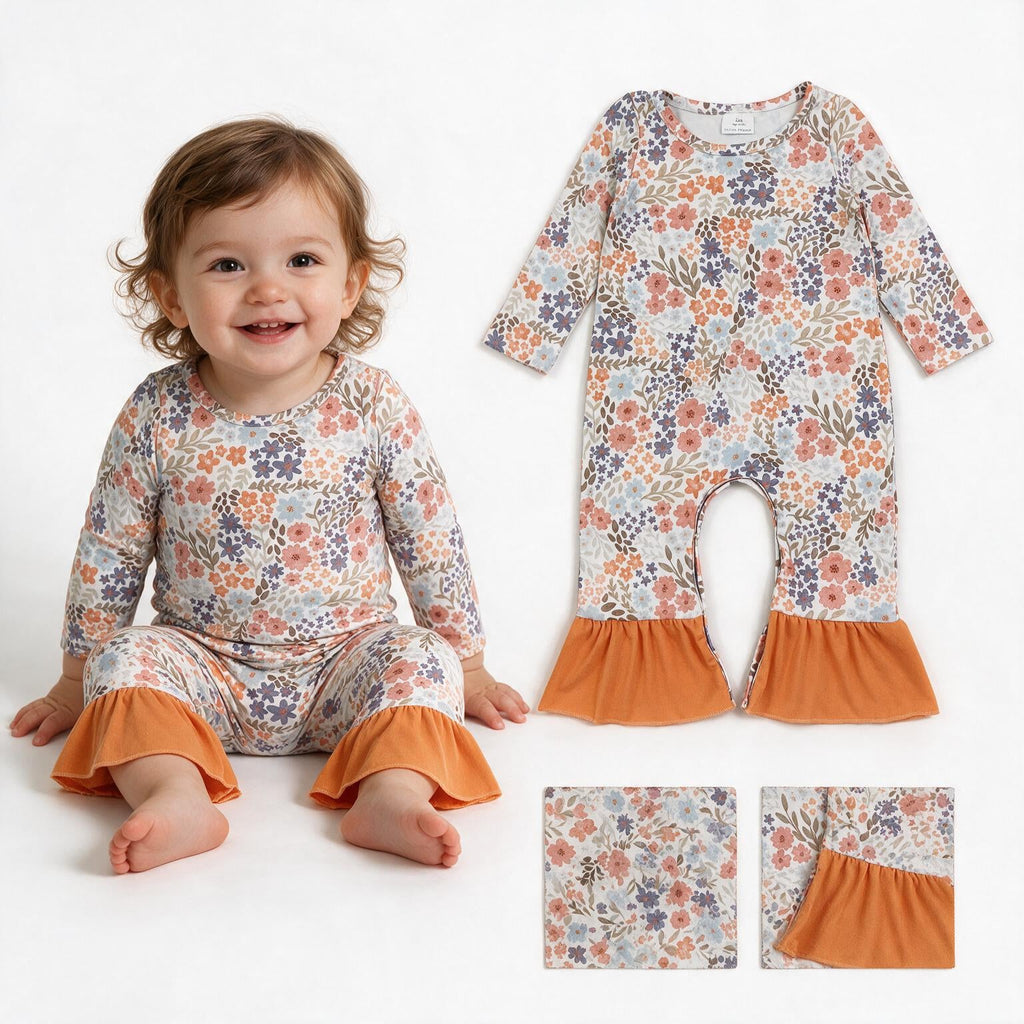 Ruffle floral long sleeves baby girls fall romper