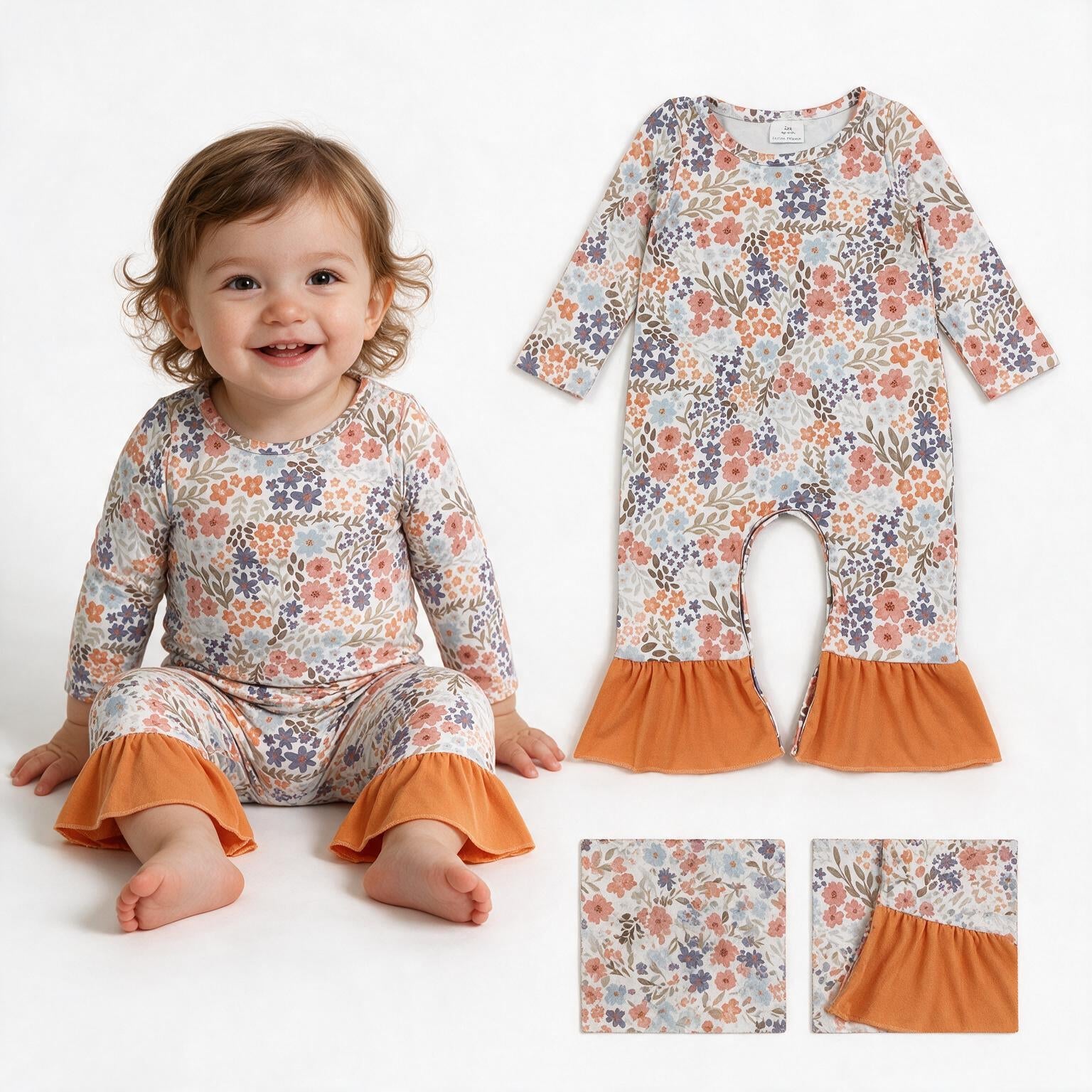 Ruffle floral long sleeves baby girls fall romper