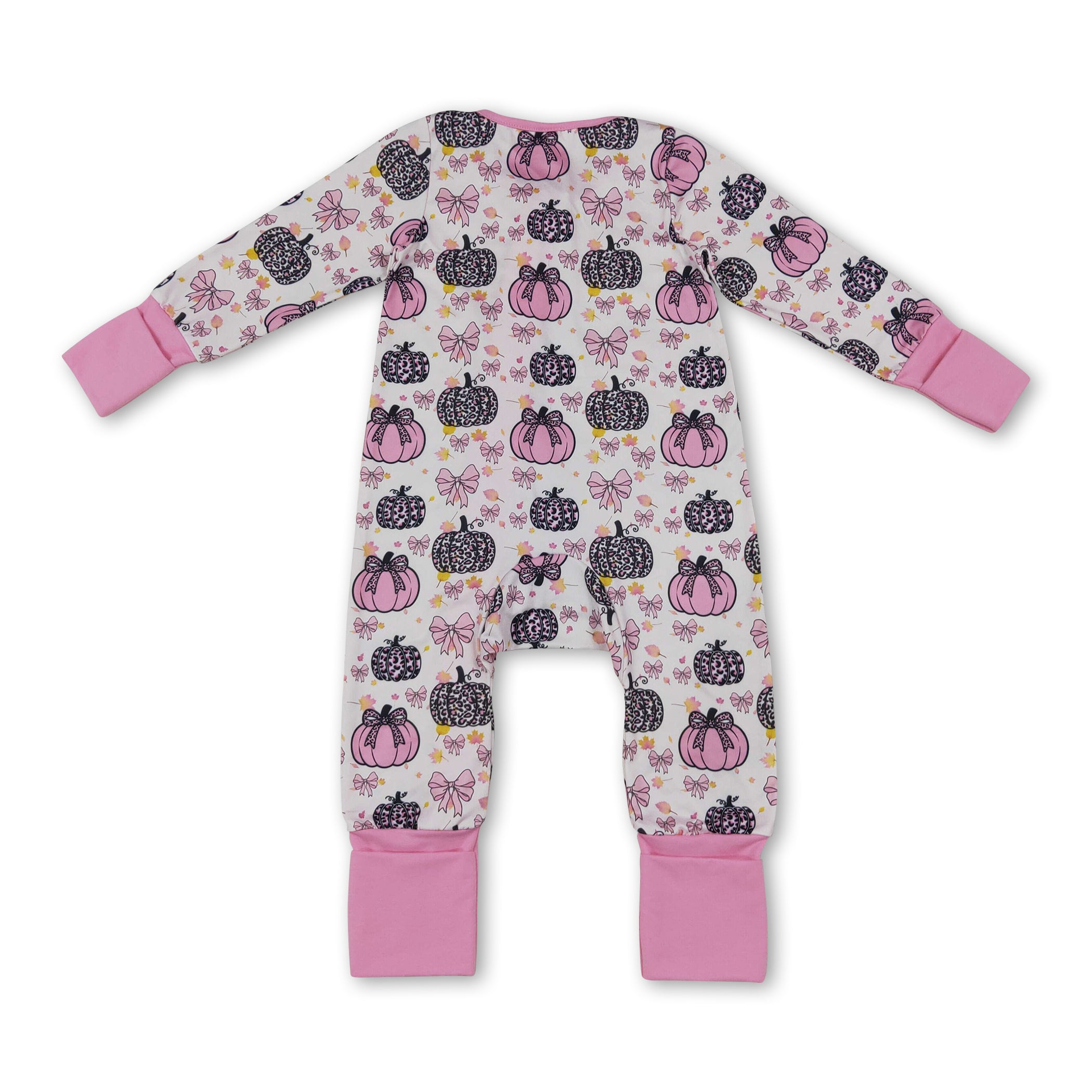 Long sleeves leopard pink bow baby girls fall zipper romper