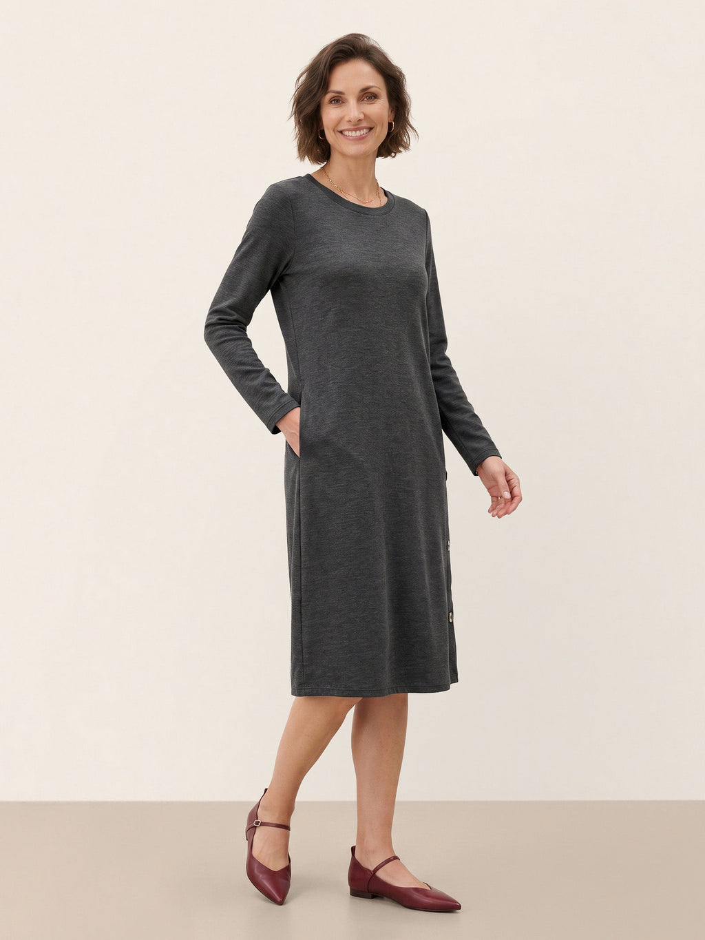 Lyocell Wool Side Button A-Line Knit Midi Dress MIRENA