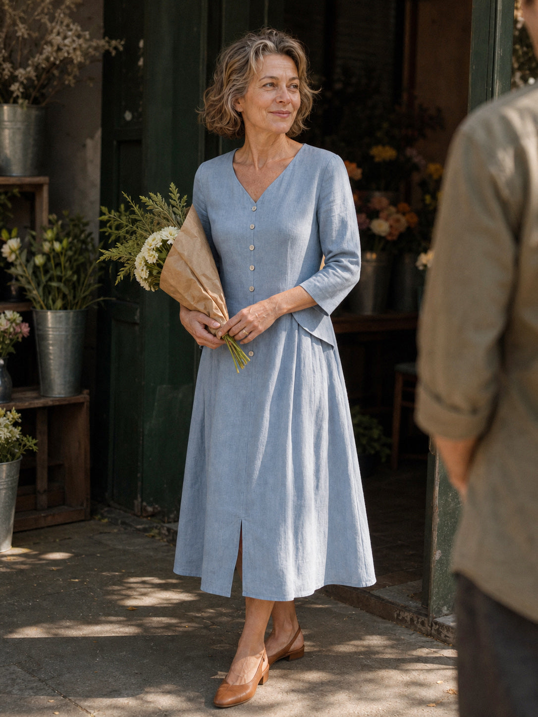 100% Linen Shell Button A-Line Midi Dress ELIORA