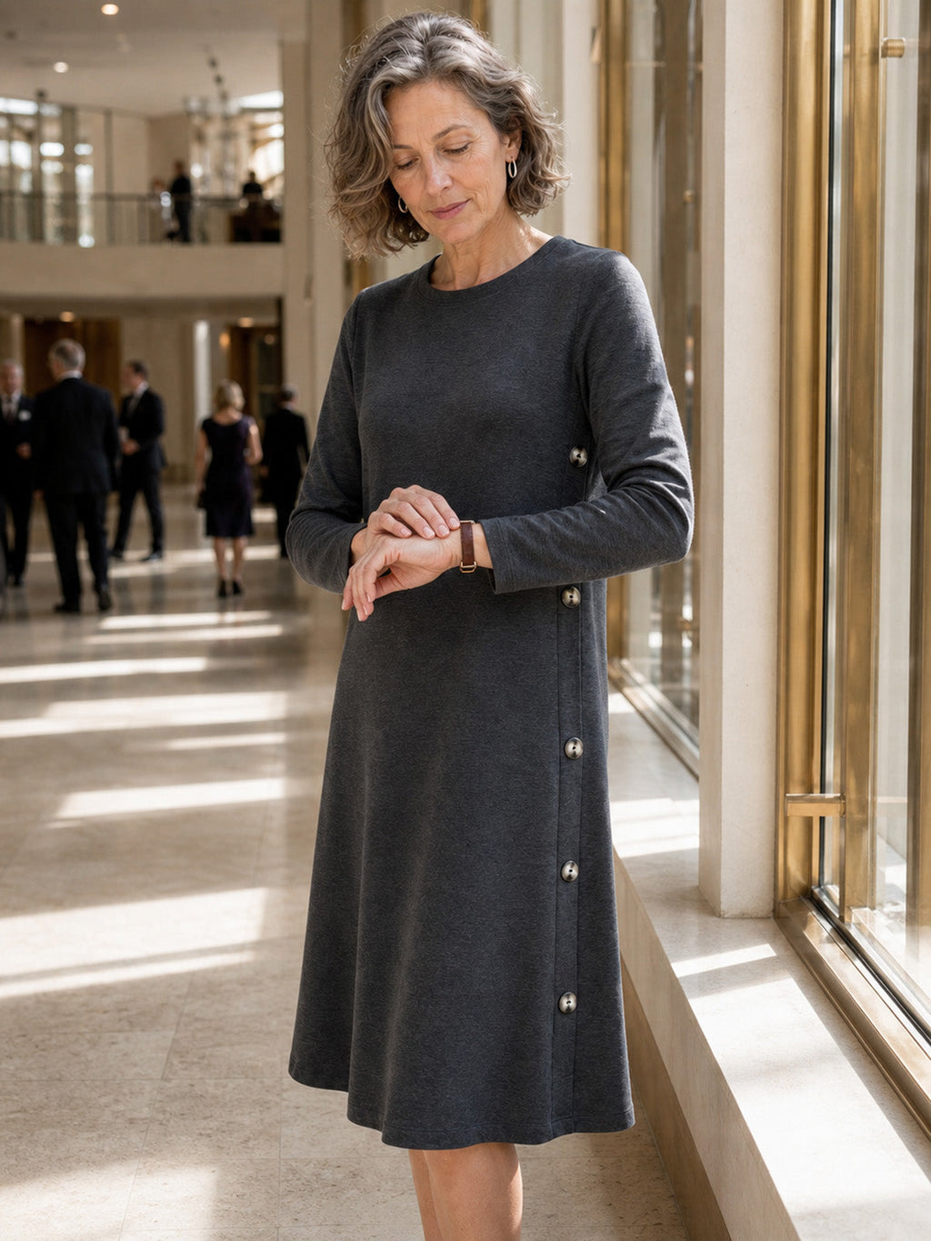 Lyocell Wool Side Button A-Line Knit Midi Dress MIRENA