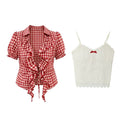 Women's Sweet Red and White Plaid Shirt and Denim Skirt Three-Piece Set