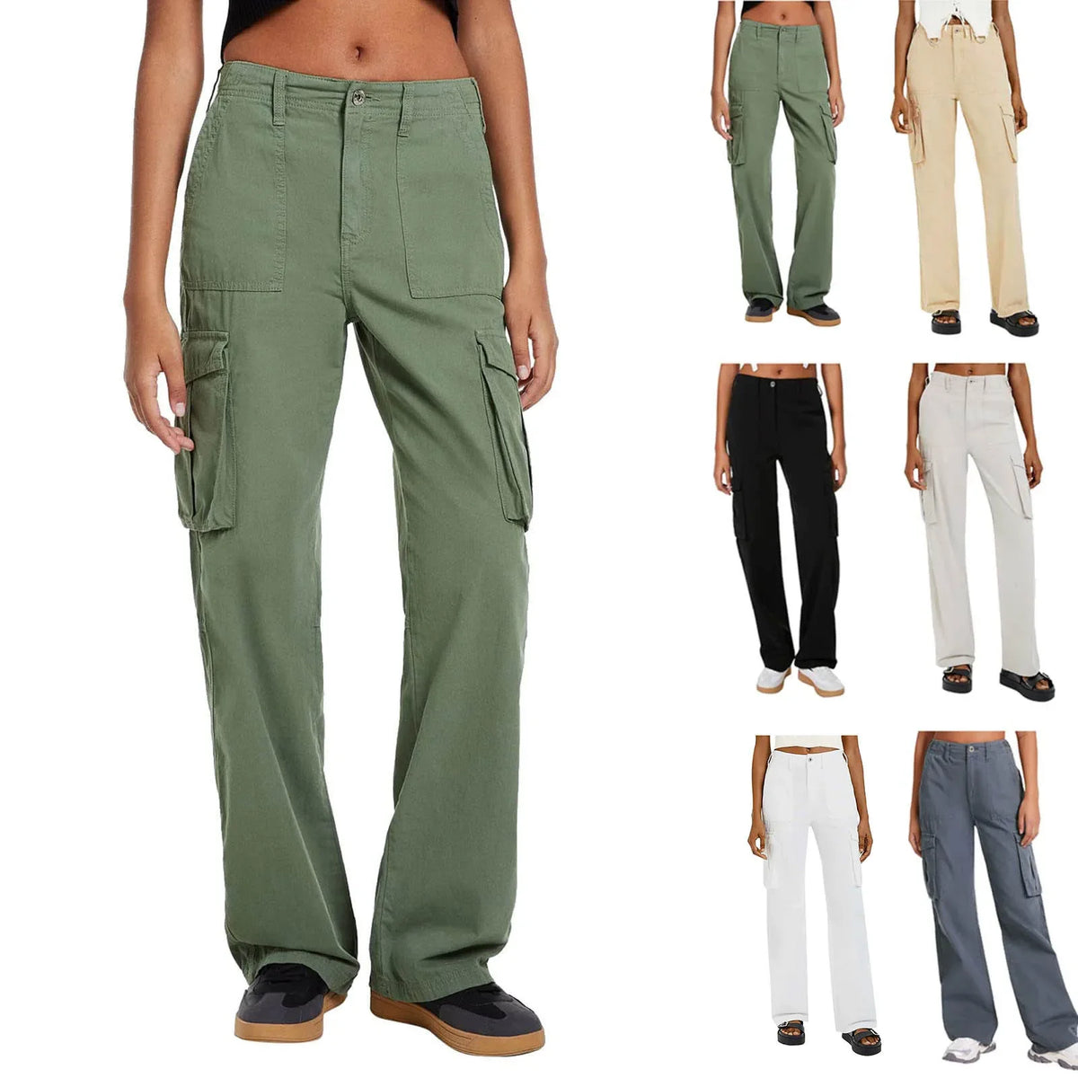 Adjustable Cargo Pants Women Straight Fit Baggy Wide Leg High Waist Pants Pockets Retro Street Style Casual Trousers