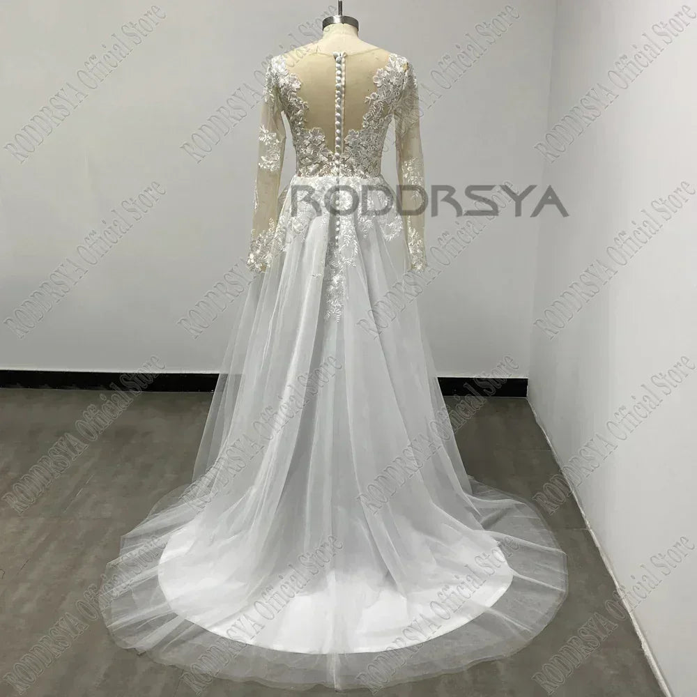 RODDRSYA Customized Wedding Dress Women Long Sleeves Illusion Back Scoop Bride Gown Applique A-Line Tulle Boho vestidos de novia