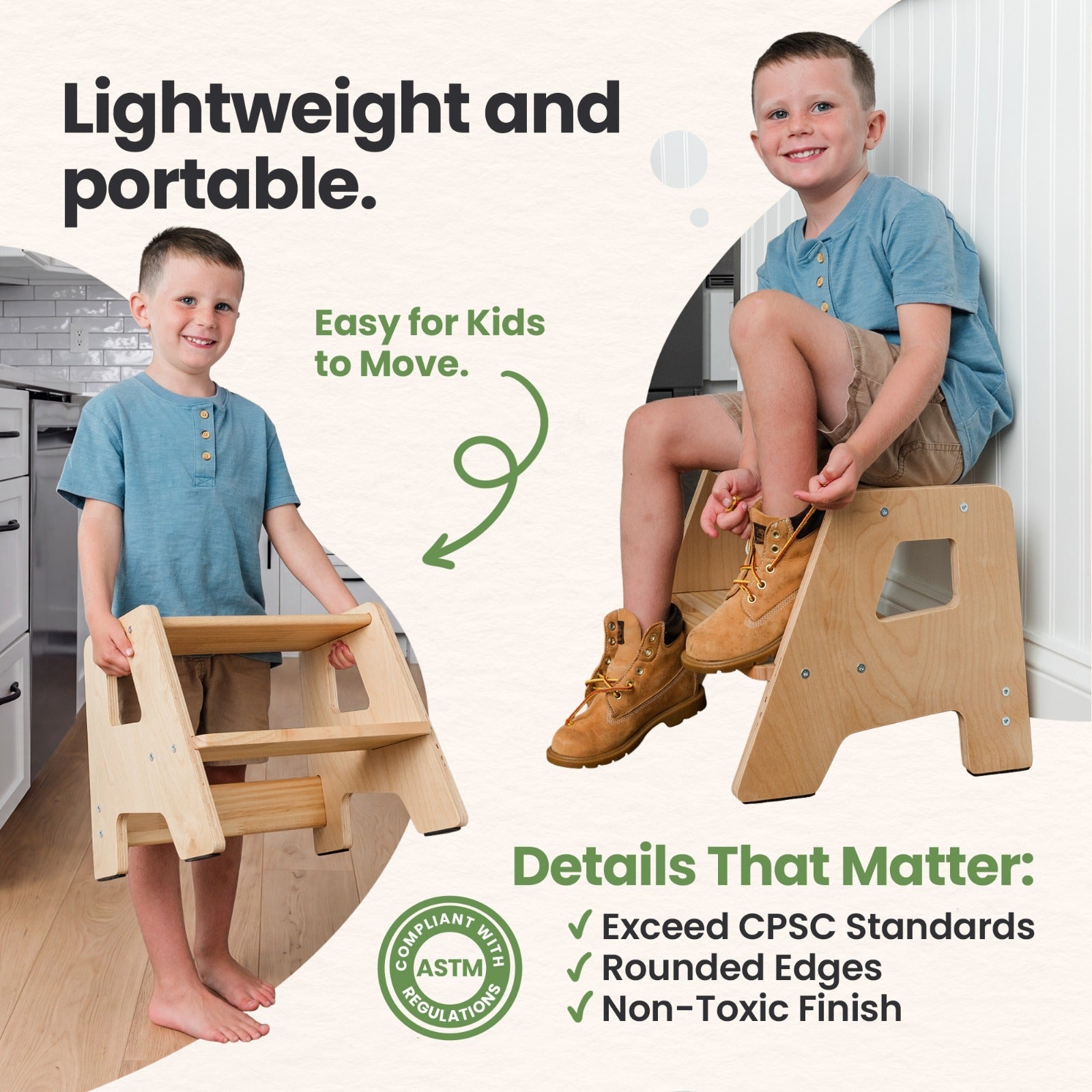 2-Step Wooden Stool for Toddlers(Step Stool for Children Ages 2+)