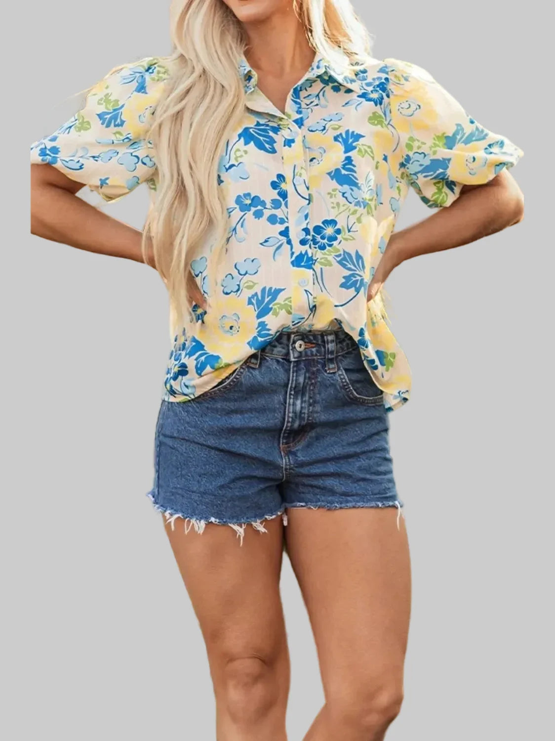 Women Printed Puff Sleeve Button Down Summer Shirt
