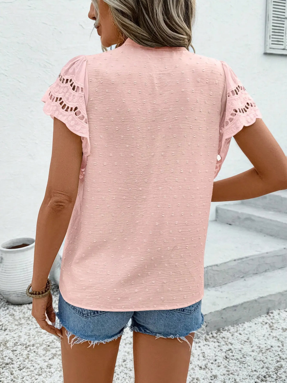 Women Swiss Dot Cutout Button Down Shirt
