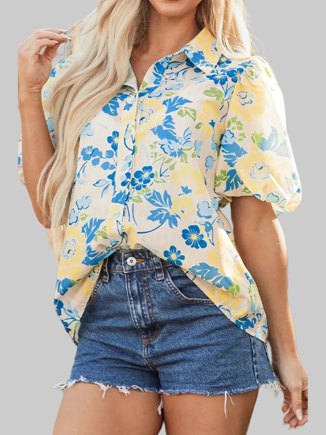 Women Printed Puff Sleeve Button Down Summer Shirt