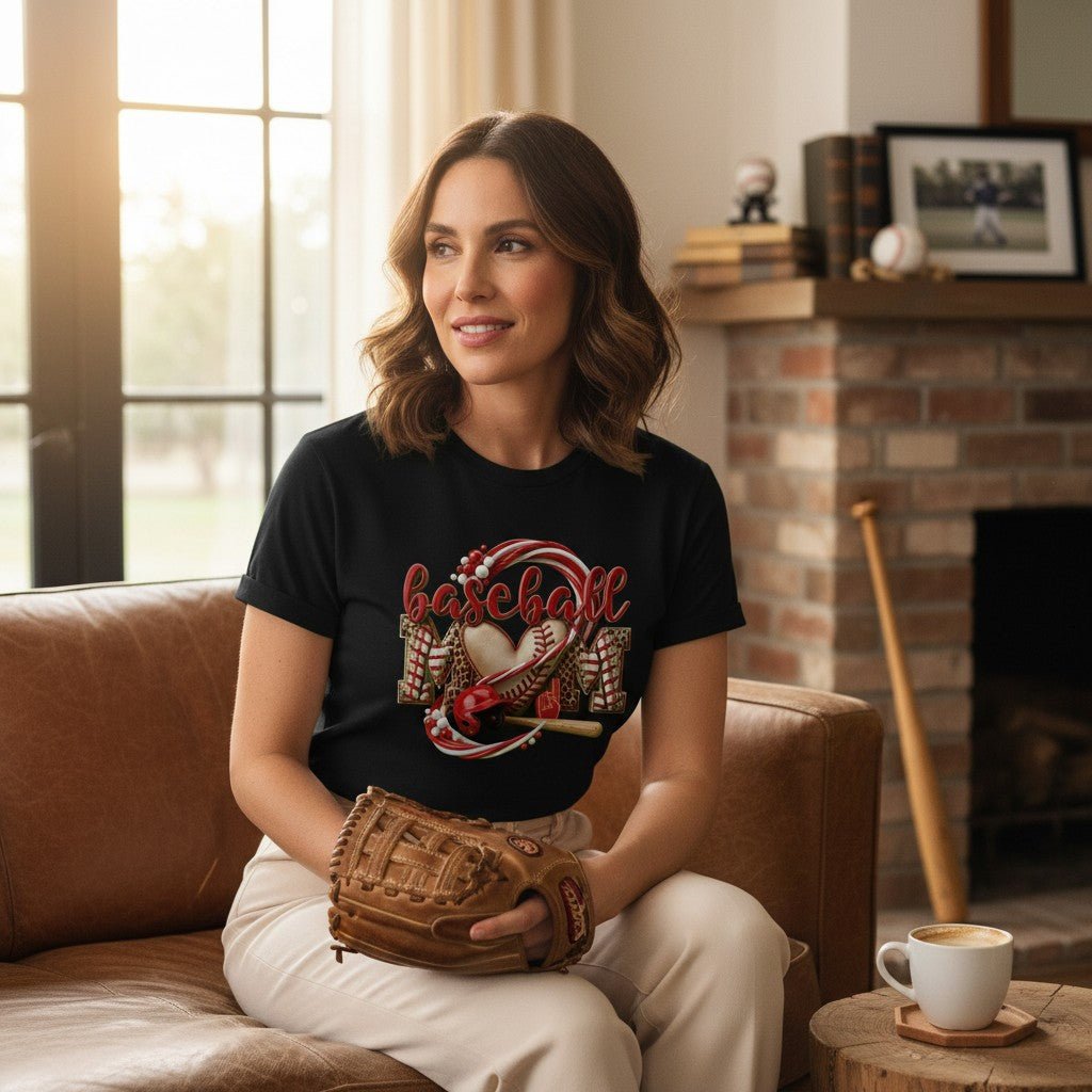 Baseball Mom Heart Graphic T-Shirt 100% Cotton Game Day Casual Top
