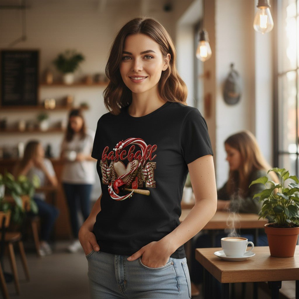 Baseball Mom Heart Graphic T-Shirt 100% Cotton Game Day Casual Top