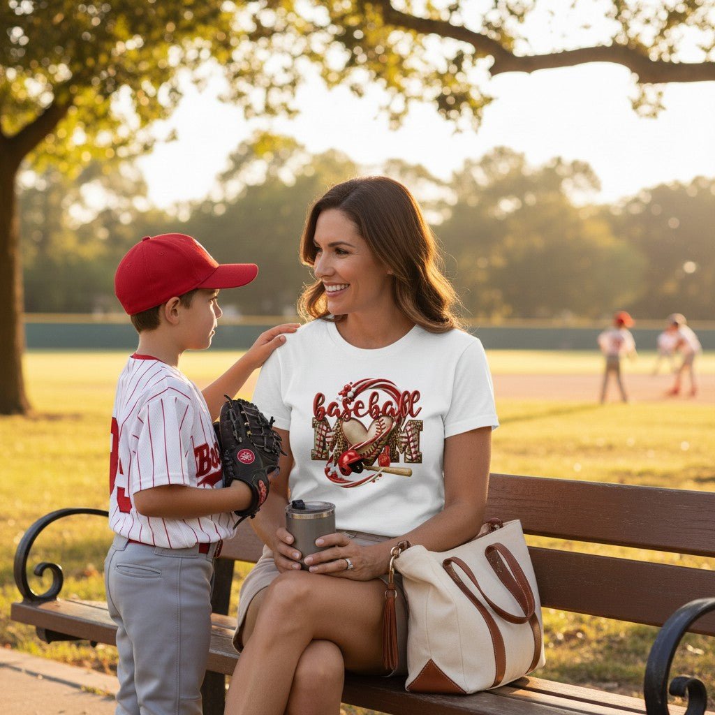 Baseball Mom Heart Graphic T-Shirt 100% Cotton Game Day Casual Top
