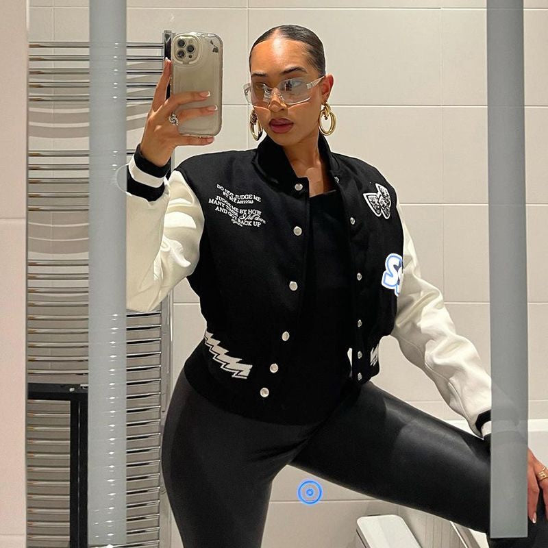 Black Patchwork Y2K Varsity Jacket