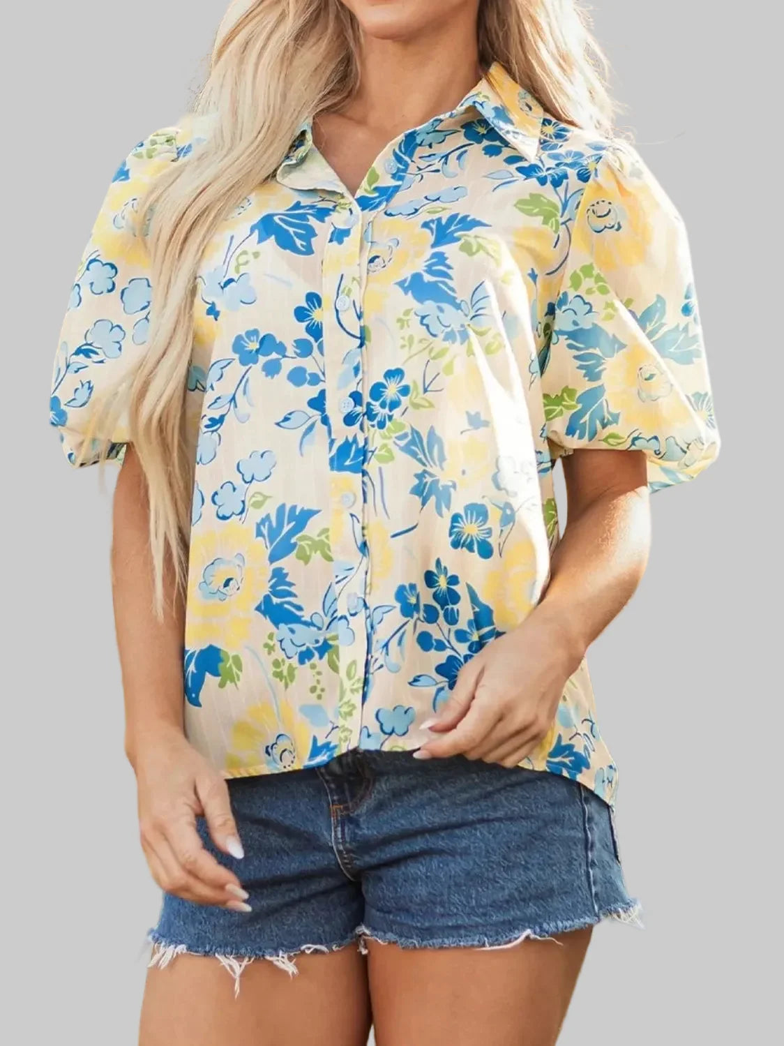 Women Printed Puff Sleeve Button Down Summer Shirt