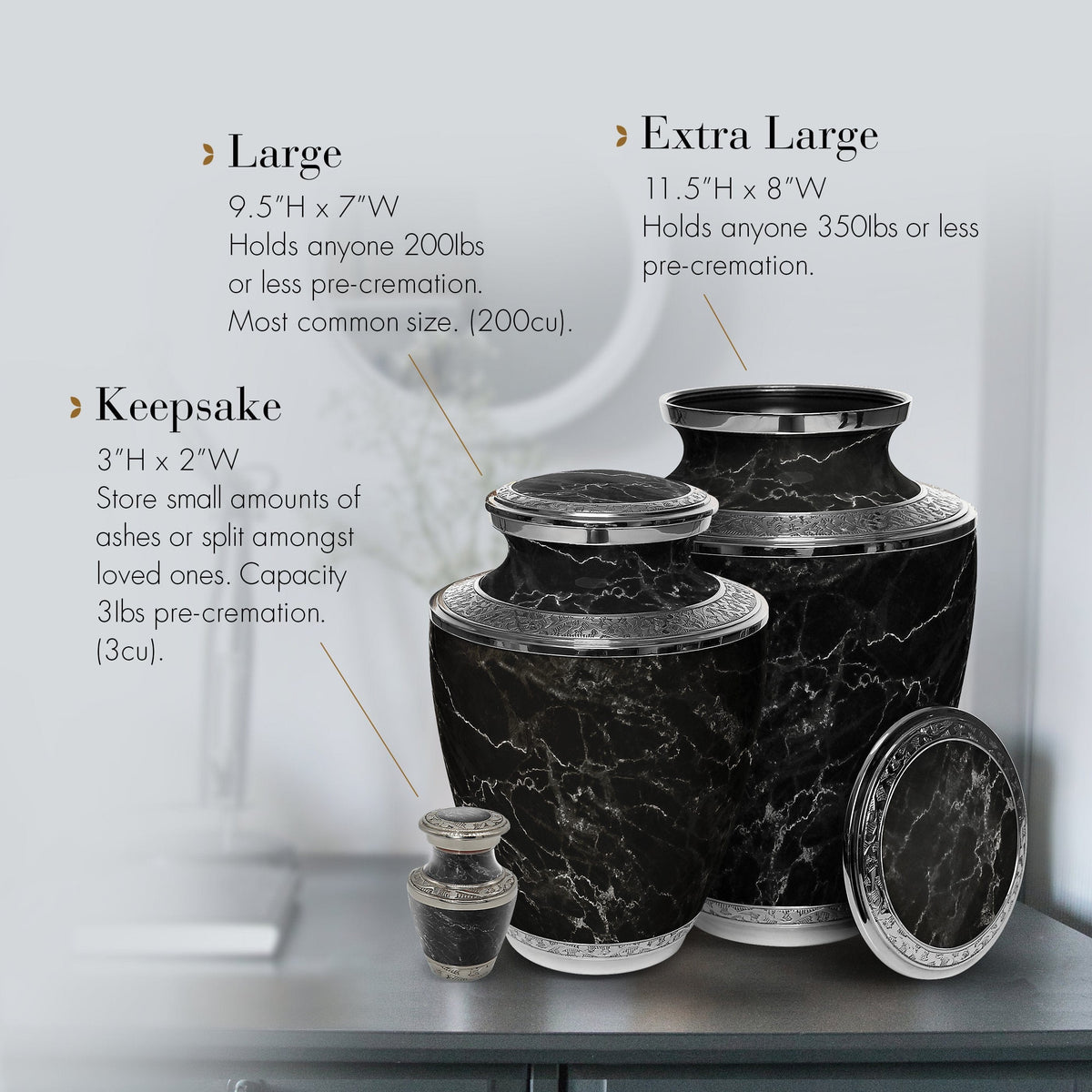 Marble Elegance Black Extra Large Urn or Companion Urn – Extra Large Urns for Human Ashes | XL Urn & XXL Urn
