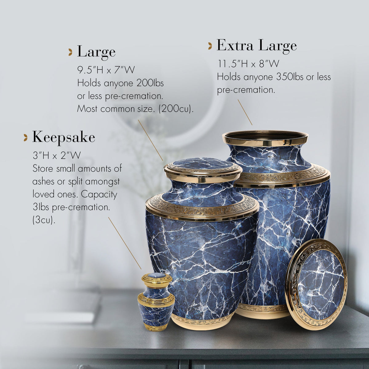 Marble Elegance Blue Extra Large Urn or Companion Urn – Extra Large Urns for Human Ashes | XL Urn & XXL Urn