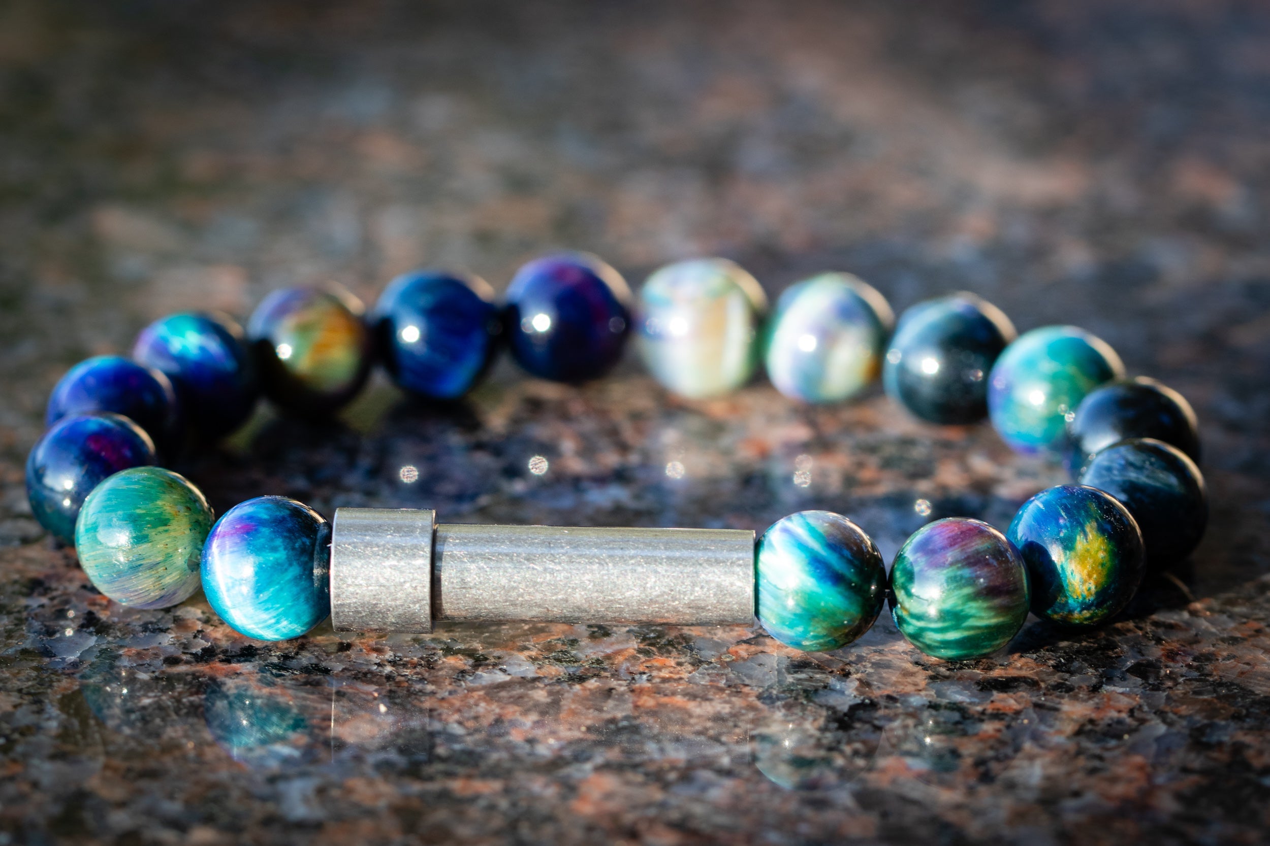 Rainbow Tiger Eye II Cremation Bracelet for Hair Fur or Ash