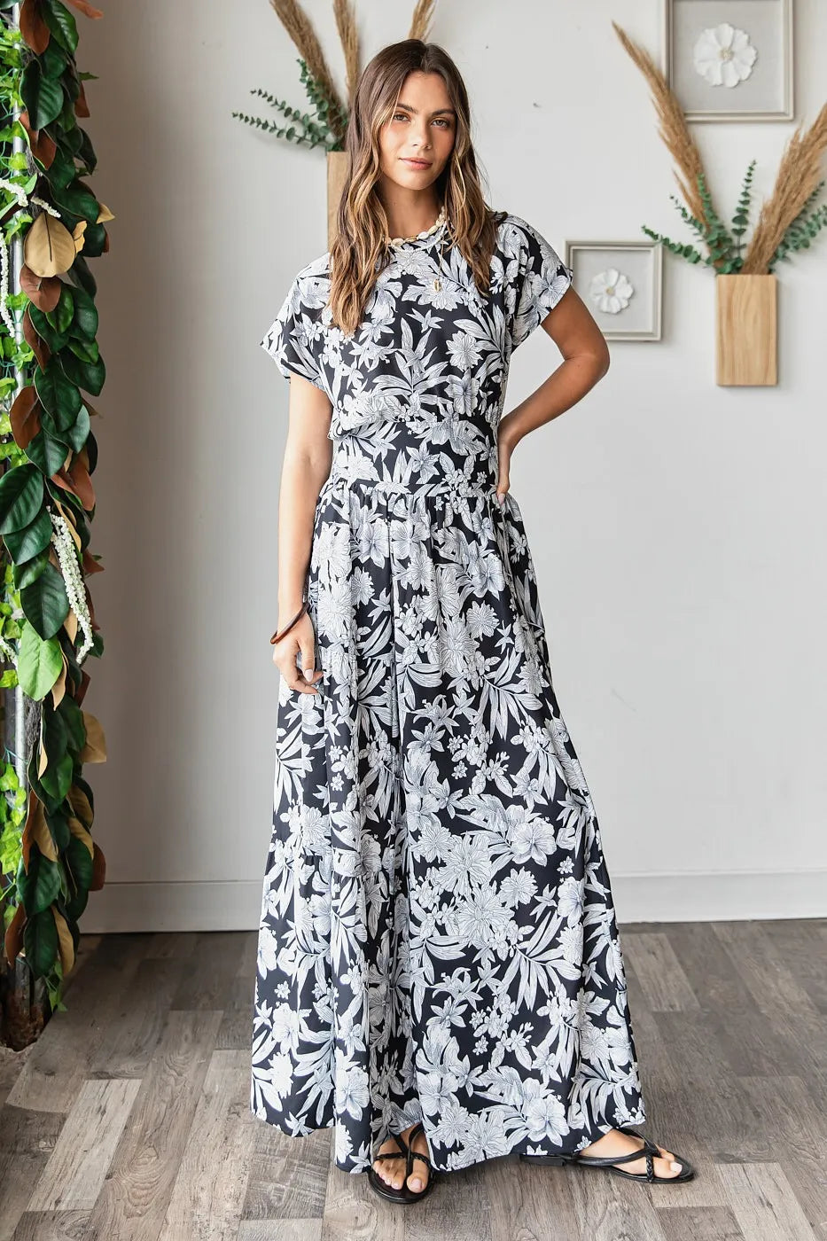 Black Tropical Print Top and Skirt Set