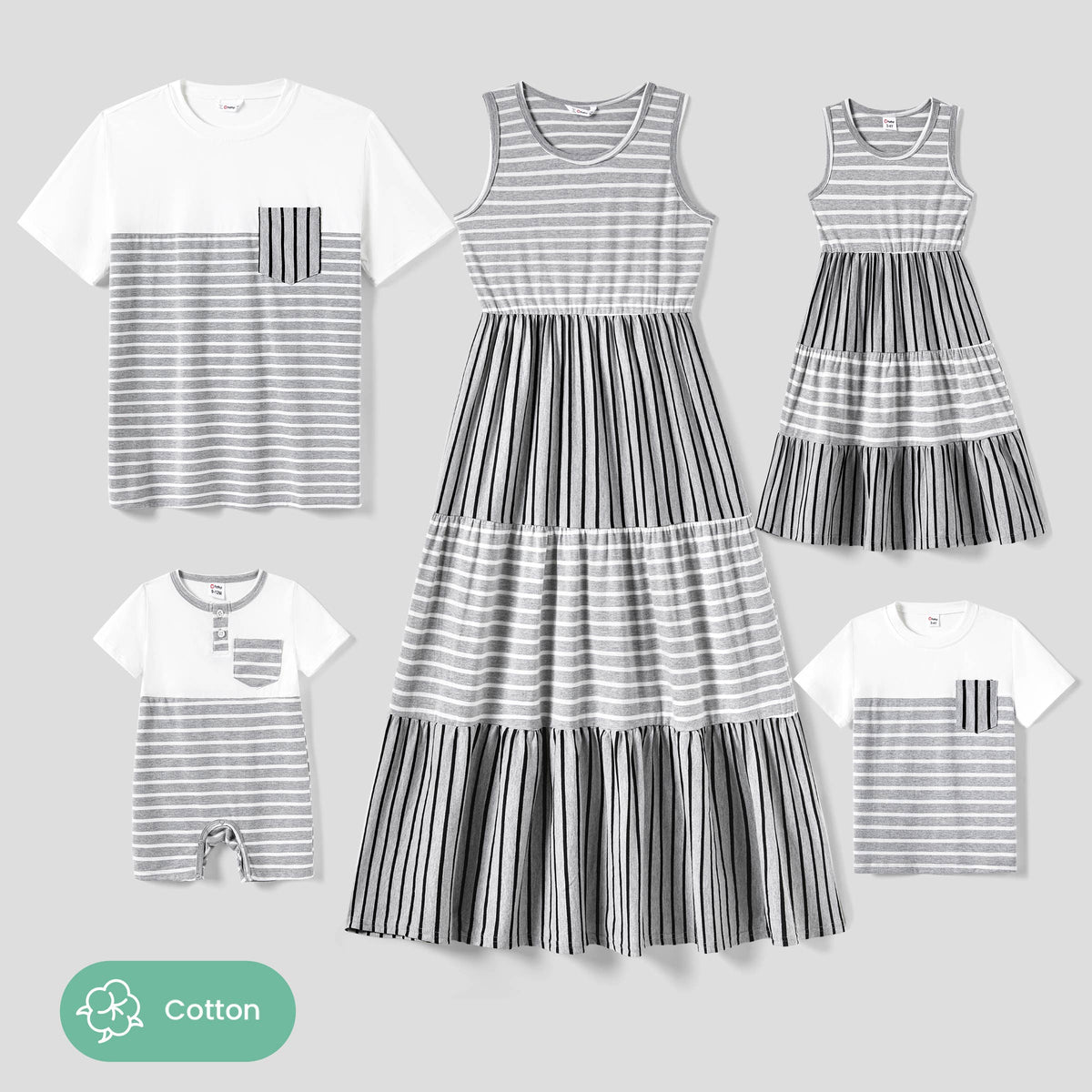 Family Matching Stripe Cotton Tee and Tank Top Dress Sets: Gray
